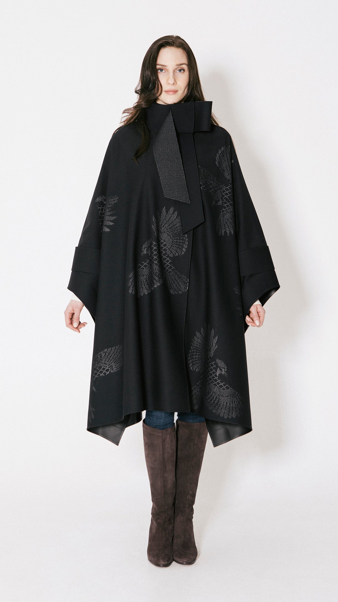 AMERI　REVERSIBLE BOA PONCHO COAT The Artiste - Women's Designer Rain Cape with Bow Closure by